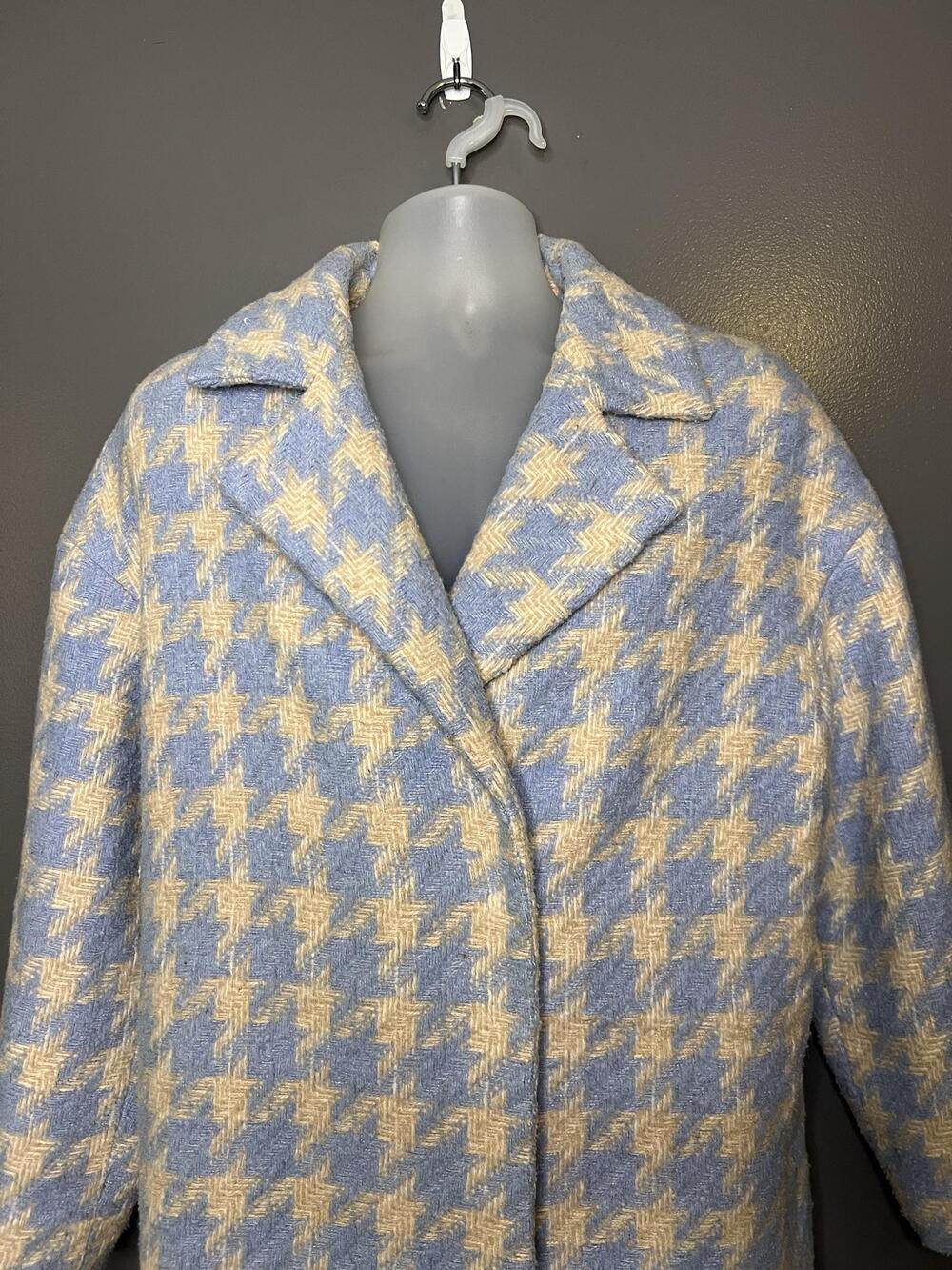 Baloot Coat Womens Small Blue Houndstooth Tweed 3/4 Sleeve Button Front Lined